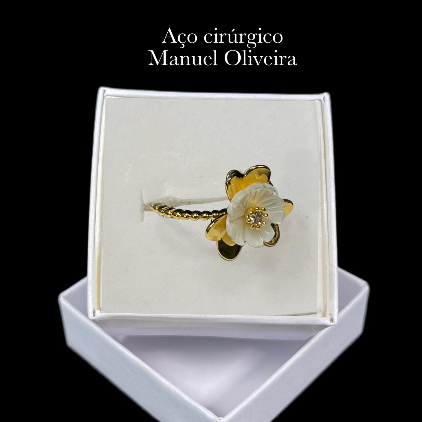 •Anel com Flor de Mar de Pérola em Aço Cirúrgico Hipoalergênico