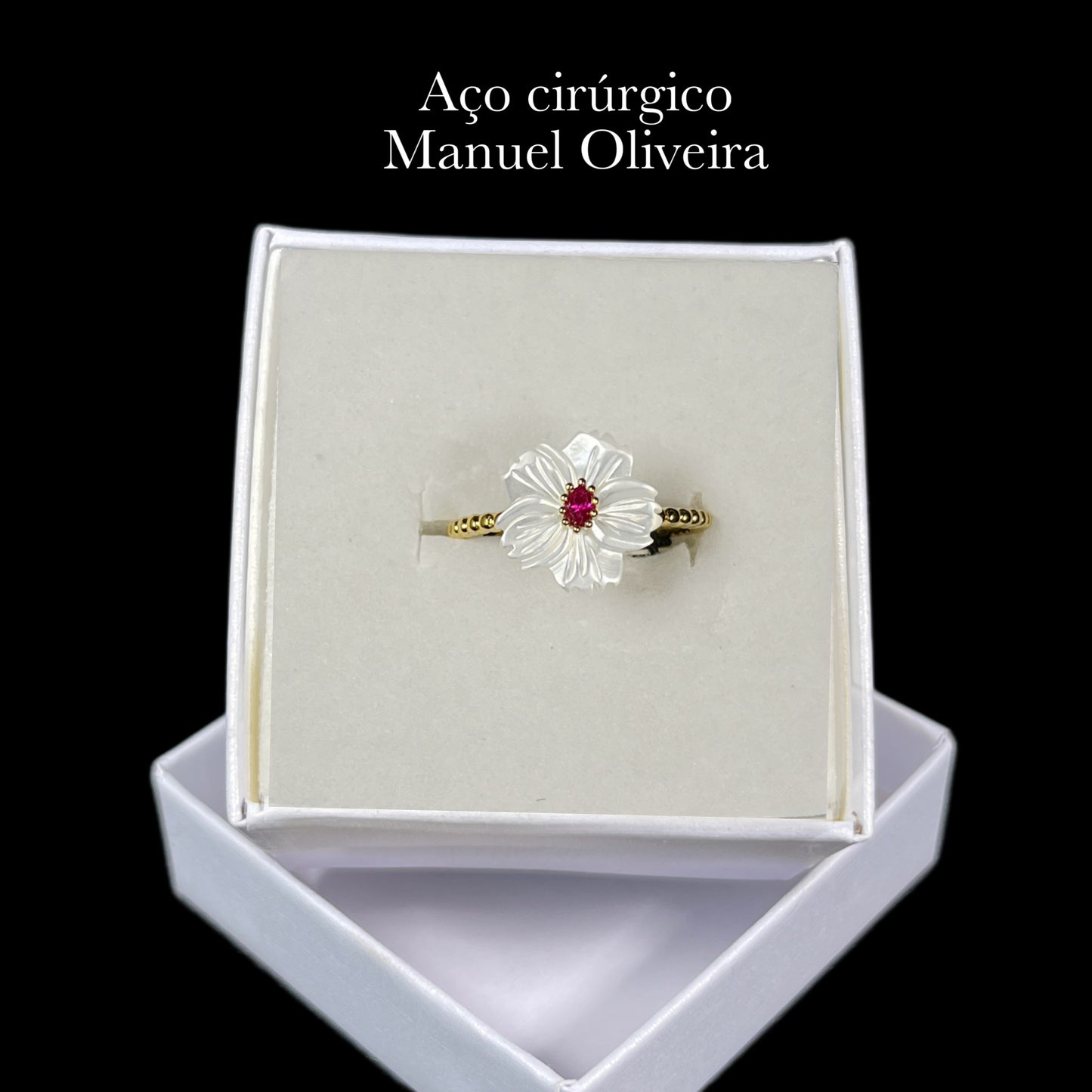 •Conjunto Flor em Mar de Pérola com Zircónia Vermelha Aço Cirúrgico Hipoalergênico