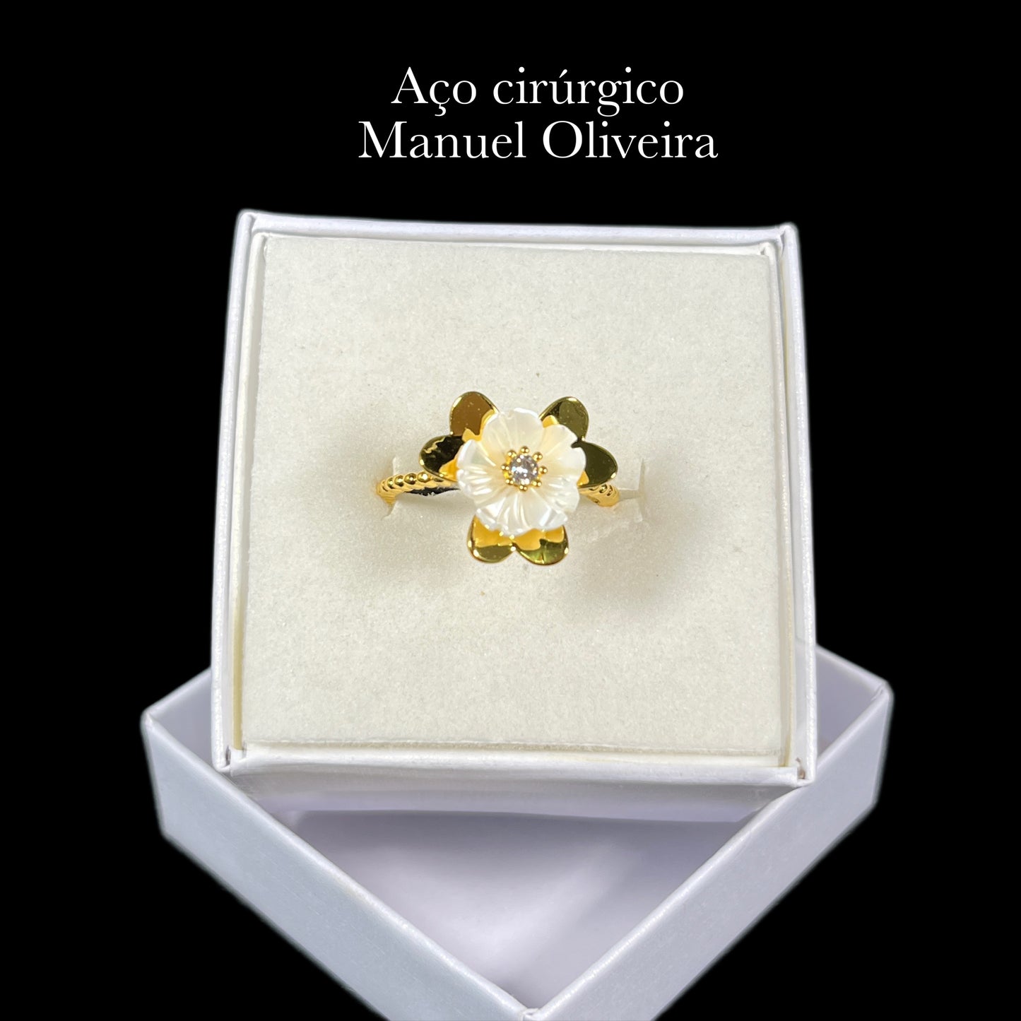•Anel com Flor de Mar de Pérola em Aço Cirúrgico Hipoalergênico