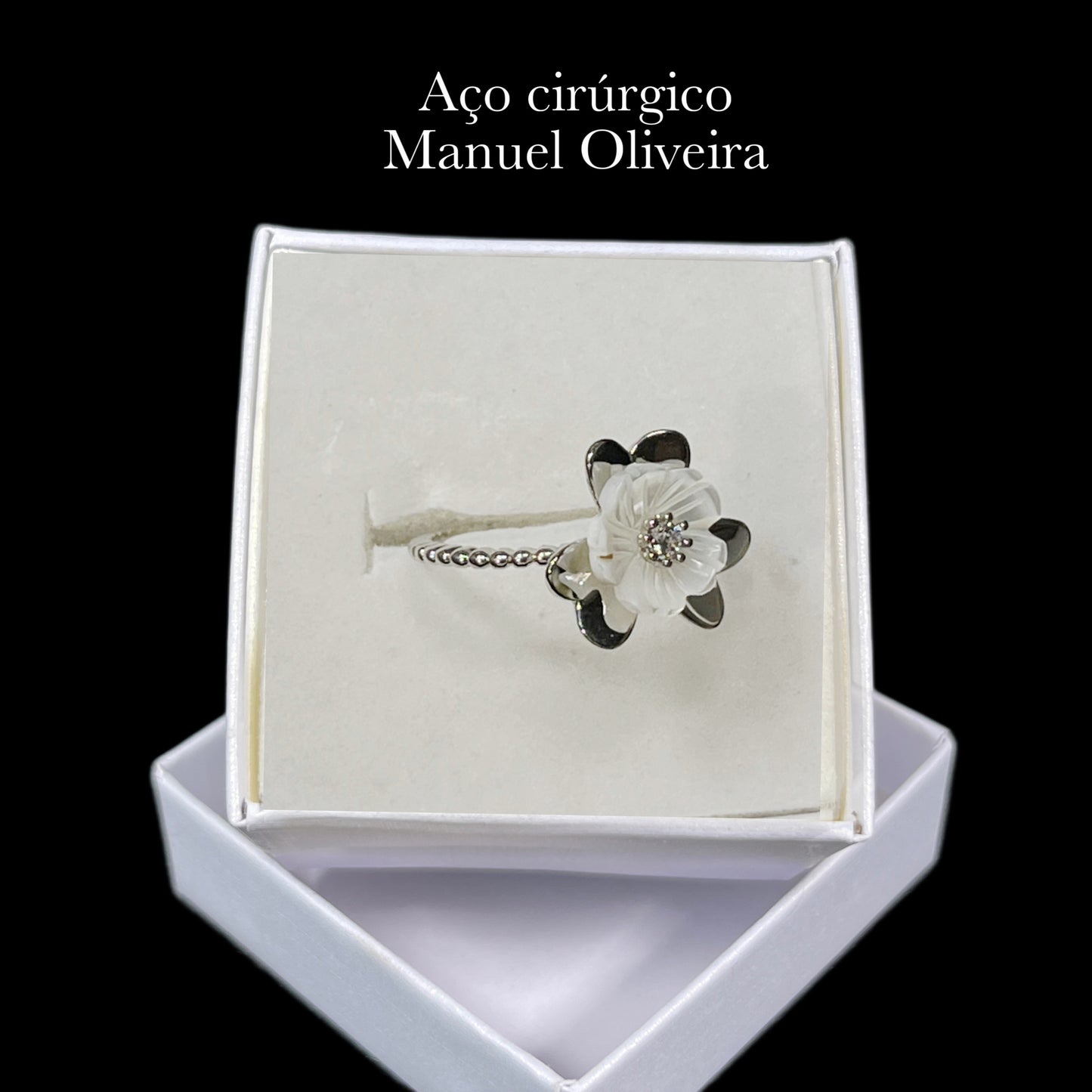 •Anel com Flor de Mar de Pérola em Aço Cirúrgico Hipoalergênico