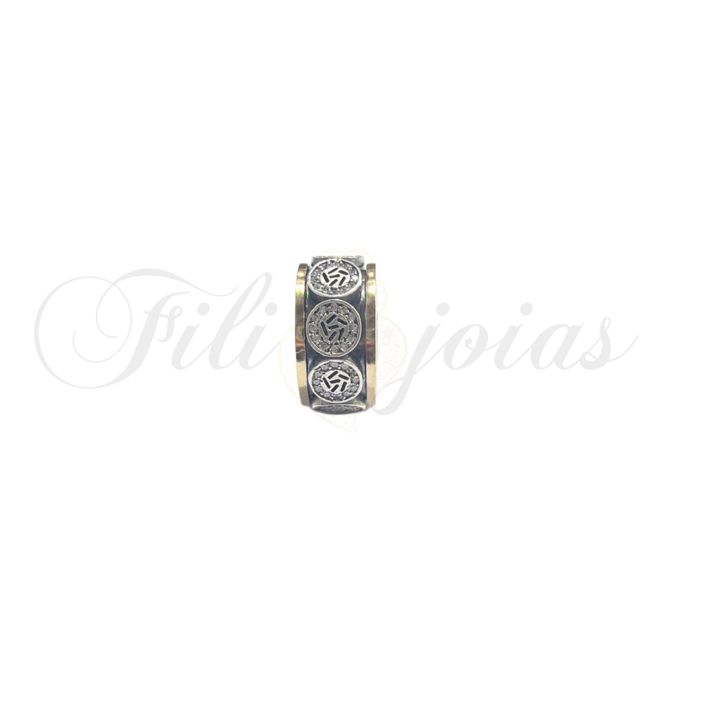 Anel Rodas de Zircónias Prata e Ouro